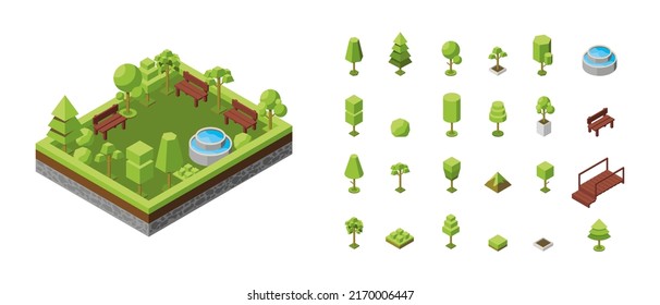 Vector isometric illustration. Concept of an ecological park, recreation areas with a fountain. Natural landscape, environment. Landscaped nature reserve, forest, grove. Trees  3d isometric icons