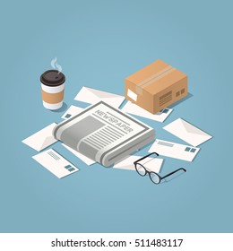 Vector Isometric Illustration Concept Of Morning Mail Delivery. Letters, Morning Newspaper, Glasses, Cup Of Hot Coffee, Cardboard Box.