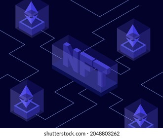 Vector isometric illustration concept nft. Non-renewable token, crypto collectibles, art, games