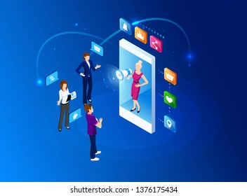 Vector isometric illustration. Concept Referral marketing. Isometric concept. Social media, network marketing, partnership. Digital E-marketing.  Analytics, strategy. Referring mechanism. Campaign
