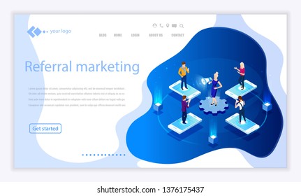 Vector isometric illustration. Concept Referral marketing. Isometric concept. Social media, network marketing, partnership. Digital E-marketing.  Analytics, strategy. Referring mechanism. Campaign
