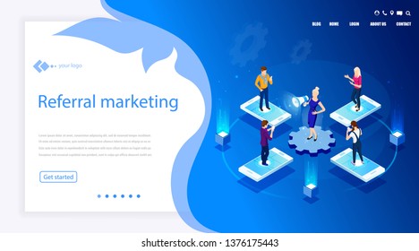Vector isometric illustration. Concept Referral marketing. Isometric concept. Social media, network marketing, partnership. Digital E-marketing.  Analytics, strategy. Referring mechanism. Campaign