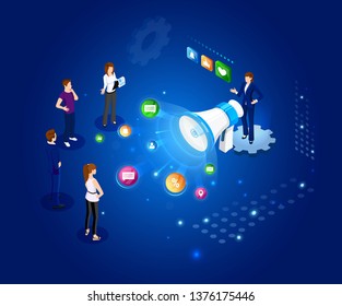 Vector isometric illustration. Concept Referral marketing. Isometric concept. Social media, network marketing, partnership. Digital E-marketing.  Analytics, strategy. Referring mechanism. Campaign