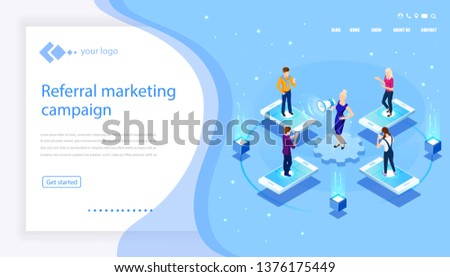 Vector isometric illustration. Concept Referral marketing. Isometric concept. Social media, network marketing, partnership. Digital E-marketing.  Analytics, strategy. Referring mechanism. Campaign