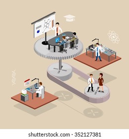 Concepto de ilustración isométrica de Vector, científicos en laboratorio con investigación.