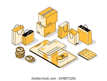 Vector isometric illustration, concept of shopping in your smartphone. Online payment technology, credit card. Ordering goods, parcels, purchases. 3d icons for business, retail