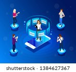 Vector  isometric Illustration. Concept of template. Online web client assistance.Graphic design customer support. Delivery, logistics, virtual assistance. Working day schedule, mode.