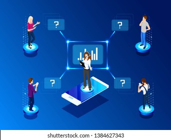 Vector  isometric Illustration. Concept of template. Online web client assistance.Graphic design customer support. Delivery, logistics, virtual assistance. Working day schedule, mode.