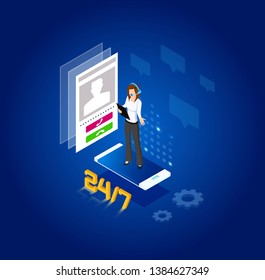 Vector  isometric Illustration. Concept of template. Online web client assistance.Graphic design customer support. Delivery, logistics, virtual assistance. Working day schedule, mode.