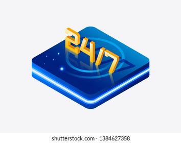 Ilustración isométrica vectorial. Concepto de plantilla. Tercer texto 24/7. Diseño gráfico soporte al cliente. Programación de días laborables, modo.