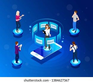 Vector  isometric Illustration. Concept of template. Online web client assistance.Graphic design customer support. Delivery, logistics, virtual assistance. Working day schedule, mode.