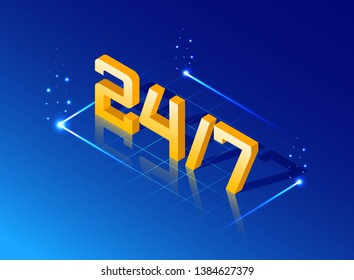 Vector  isometric Illustration. Concept of template. 3d text 24/7. Graphic design customer support. Working day schedule, mode.