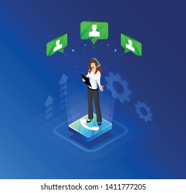 Vector  isometric Illustration. Concept of template. Online web client assistance.Graphic design customer support. Delivery, logistics, virtual assistance. Working day schedule, mode.