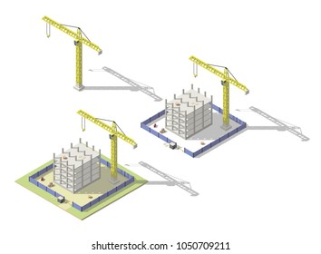 Vector isometric illustration of construction site. Tower crane builds a building.