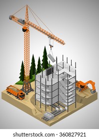Vector isometric illustration of the construction site and technique involved in the construction. Tower crane, truck and crawler excavator.