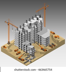 Vector isometric illustration of the construction site at the stage of monolithic frame construction of the building and technique involved. Tower cranes, trucks, mixers, mobile cranes and excavators.