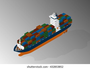 Vector isometric illustration of container ship. Maritime transport.