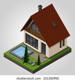 Vector isometric illustration of a country house with pool and lawn with trees and stones.