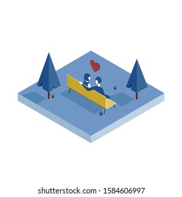 Vector isometric illustration of a couple sitting on the bench. Design for Valentine's Day.