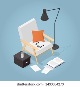 Vector isometric illustration of cozy reading place at home. Armchair in mid century style with a pillow, floor lamp, open book, papers, glasses, glass of water.