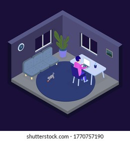Vector isometric illustration of cozy room. work from home at late night. cat playing