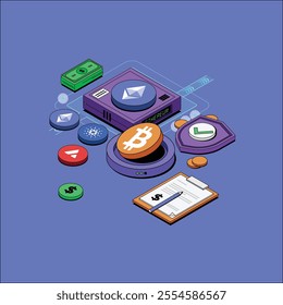 Vector isometric illustration of crypto currency coins. Bitcoin, Ethereum ETH icon isolated on background with notepad on blue background