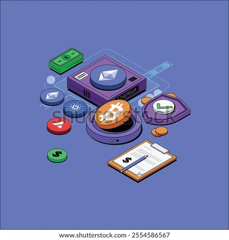 Vector isometric illustration of crypto currency coins. Bitcoin, Ethereum ETH icon isolated on background with notepad on blue background