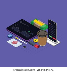 Vector Isometric illustration of crypto trading featuring a smartphone, a cup, a pen, an eraser, a Tablet and money on a purple background