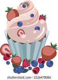Ilustración vectorial isométrica del postre de bizcocho servido con bayas frescas, arándanos, fresas, frambuesa.