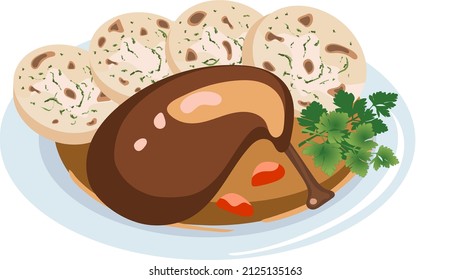 Vector isometric illustration of Czech dumplings served with roasted duck, isolated on white background
