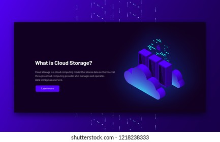 Vector isometric illustration data center cloud connection, hosting server computer, information database. Infographic banner with text isolated on on dark background