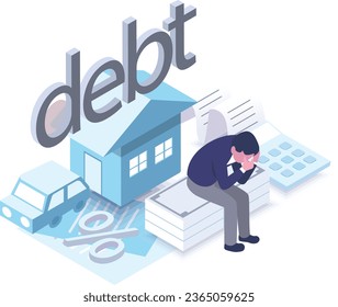 vector isometric illustration of debt and bankruptcy,a man depress for debt.