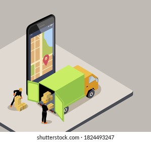 Vector isometric  illustration 
 of delivery service and tracking app, Smartphone with a delivery truck, map of the route on the screen