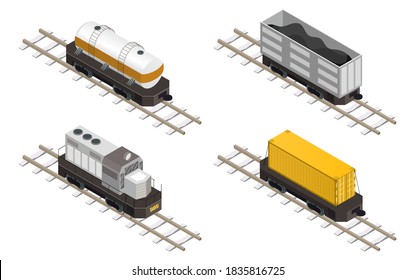 Vector isometric illustration depicting various types of freight wagons. 3d vector illustration with objects isolated on white. svg