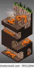 Vector isometric illustration describing the construction underground and open pit mining quarry. Equipment for high-mining industry. Trucks, excavator and mining trains.