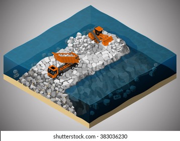 Vector isometric illustration describing the dike construction process, using a truck and a bulldozer.