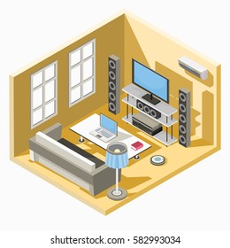 Vector isometric illustration design of a living room with a sofa, table and TV system