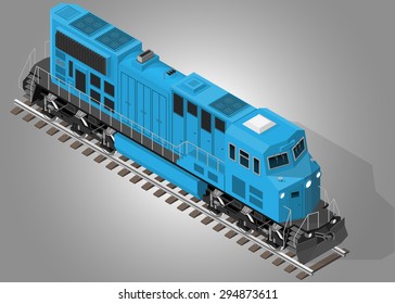 Vector isometric illustration of diesel electric locomotive. Front view. Rail transportation.