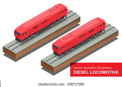 Vector isometric illustration of diesel electric locomotive. Flat isometric illustration. Rail transportation.