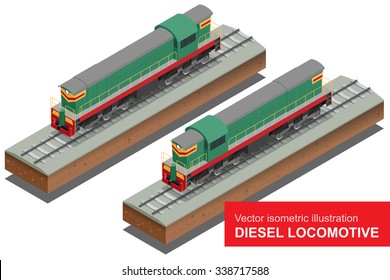 Vector isometric illustration of  Diesel Locomotive. Train Locomotive Transportation 