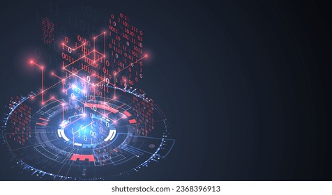 Vector isometric illustration. Digital technology and engineering background with glowing effect and numbers.