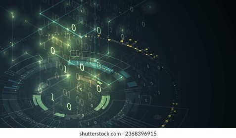 Vector isometric illustration. Digital technology and engineering background with glowing effect and numbers.