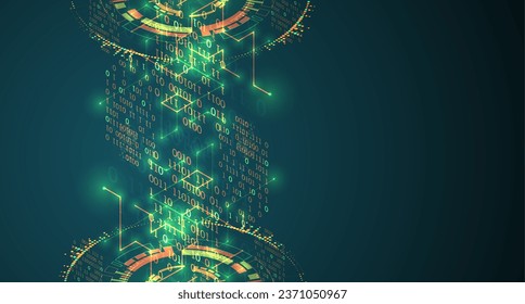 Vector isometric illustration. Digital technology and engineering background with glowing effect and numbers.