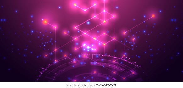 Vector isometric illustration. Digital technology and engineering background with glowing effect and numbers.