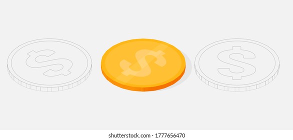 Vector isometric illustration. Dollar gold coin. Outline and gradient icons.