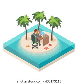 Vector isometric illustration of downshifting lifestyle. Tropical island. Business, man, job, freedom. 