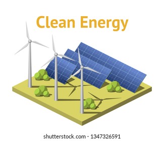 Vector Isometric Illustration. Ecology, Solar Renewable Energy, Solar Panel, Wind Renewable Energy, Wind Generator, Mill, Propeller. Environmental Protection. Vector Isometric Illustration