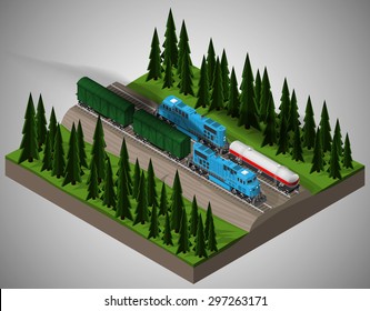 Vector isometric illustration of an element of railroad tracks with trains consisting of locomotives, railway cistern and rail covered wagon. Rail transportation.