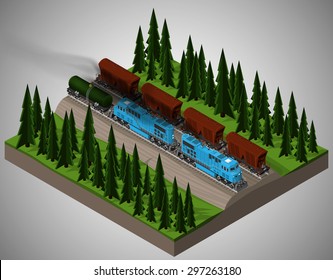 Vector isometric illustration of an element of railroad tracks with trains consisting of locomotives, railway cistern and rail cars for transportation of bulk cargoes. Rail transportation.