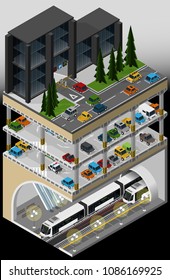 Vector isometric illustration of an element of urban infrastructure consisting of a subway transport hub, underground multi storey car park and parked vehicles.
